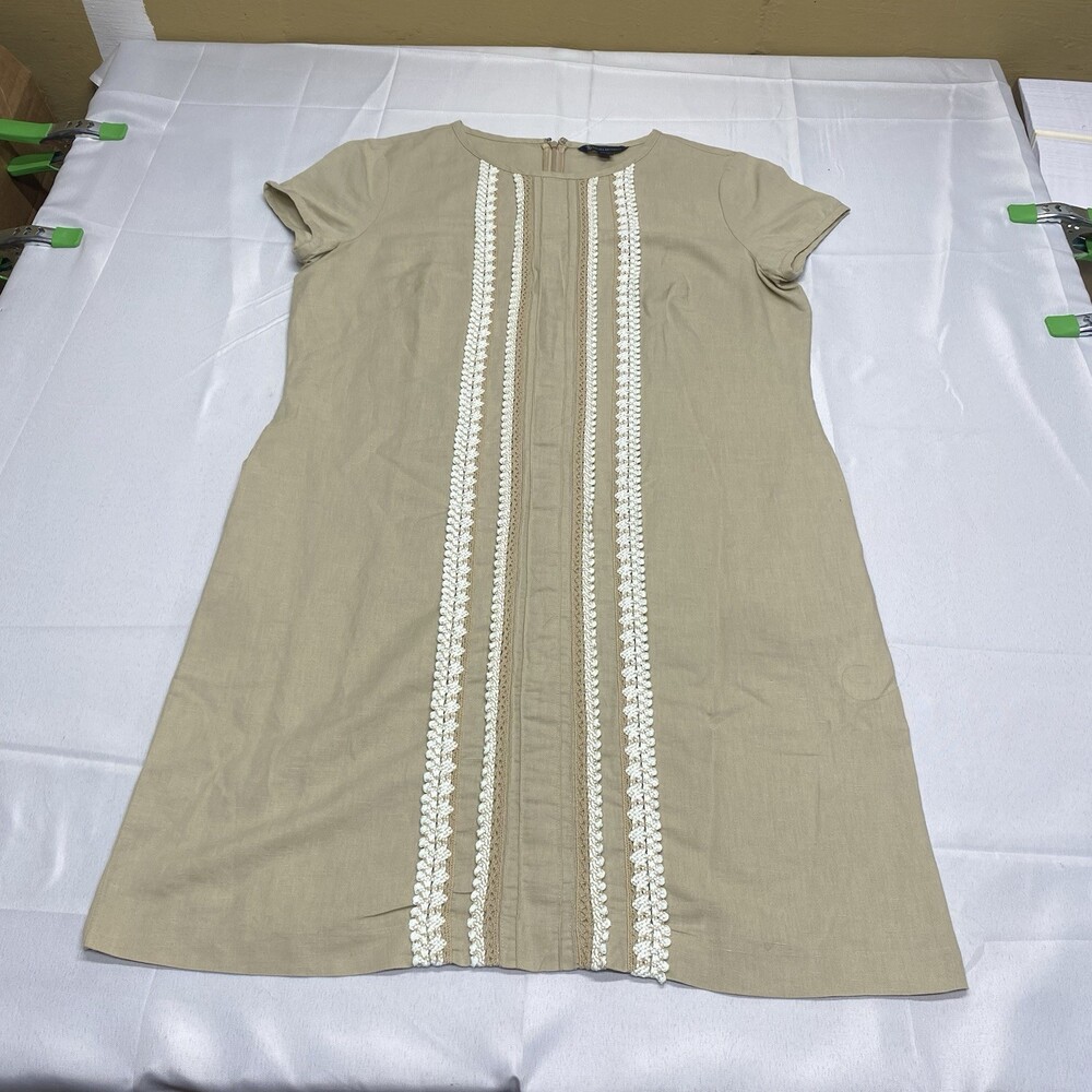 Brooks Brothers Shift Dress Size 10 Beige Linen Cotton Crochet Trim